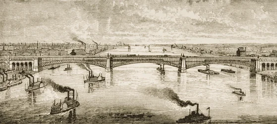 Steel Bridge Crossing the Mississippi River St. Louisban, 1874 körül, az "American Pictures"-ből, a The Religious Tract Society, 1876